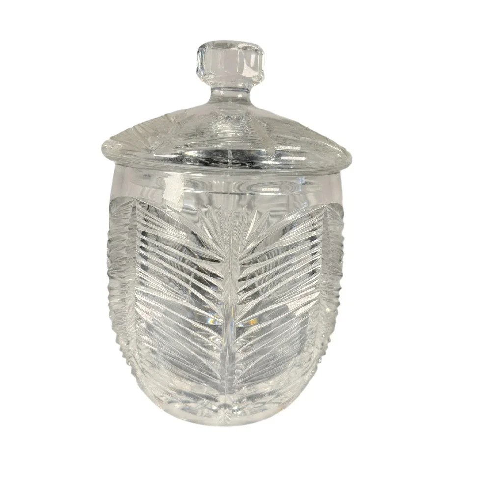 Heavy Cut Lead Crystal Biscuit Jar Lidded Candy Dish Wheat Starburst‎ Pattern